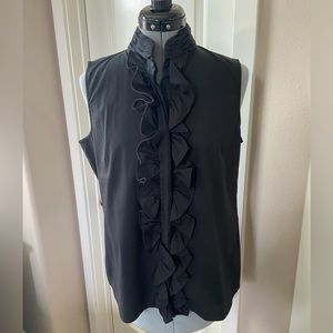 T Tahari Button Down Stretch Ruffle Sleeveless Shirt, Black, Size S